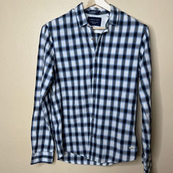 Scotch & Soda Shirt Mens Medium Blue Button Up Plaid Long Sleeve Classic Fit New - Picture 1 of 12